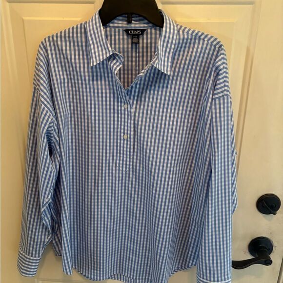 Chaps Blue and White Checkered Popover Top size L - Picture 4 of 6